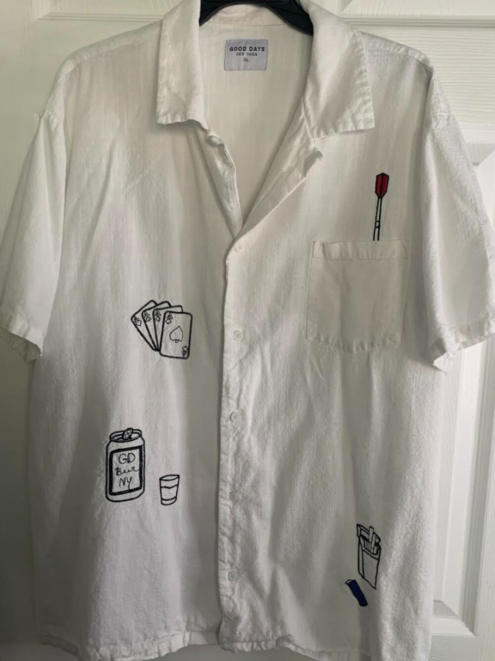 Good Days New York Embroidered Camp Shirt-White Short Sleeve-Size XL